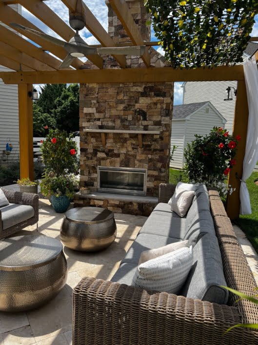 Back patio lounge with stone fireplace Reisterstown MD